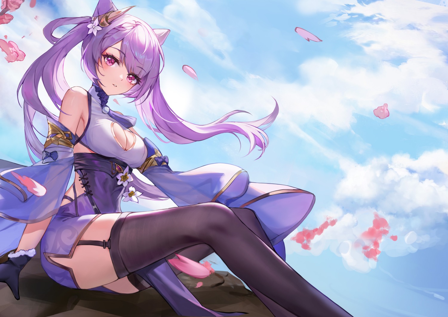 asian_clothes genshin_impact keqing no_bra stockings thighhighs yi_(saver5607)