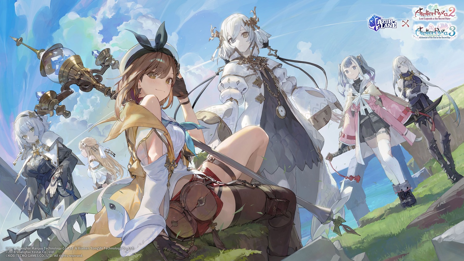 armor atelier atelier_ryza atelier_ryza_2 atelier_ryza_3 azur_lane bodysuit cleavage crossover garter heterochromia kala_ideas klaudia_valentz lila_decyrus manjuu_(azur_lane) pantyhose patricia_abelheim reisalin_stout serri_glaus stockings thighhighs weapon