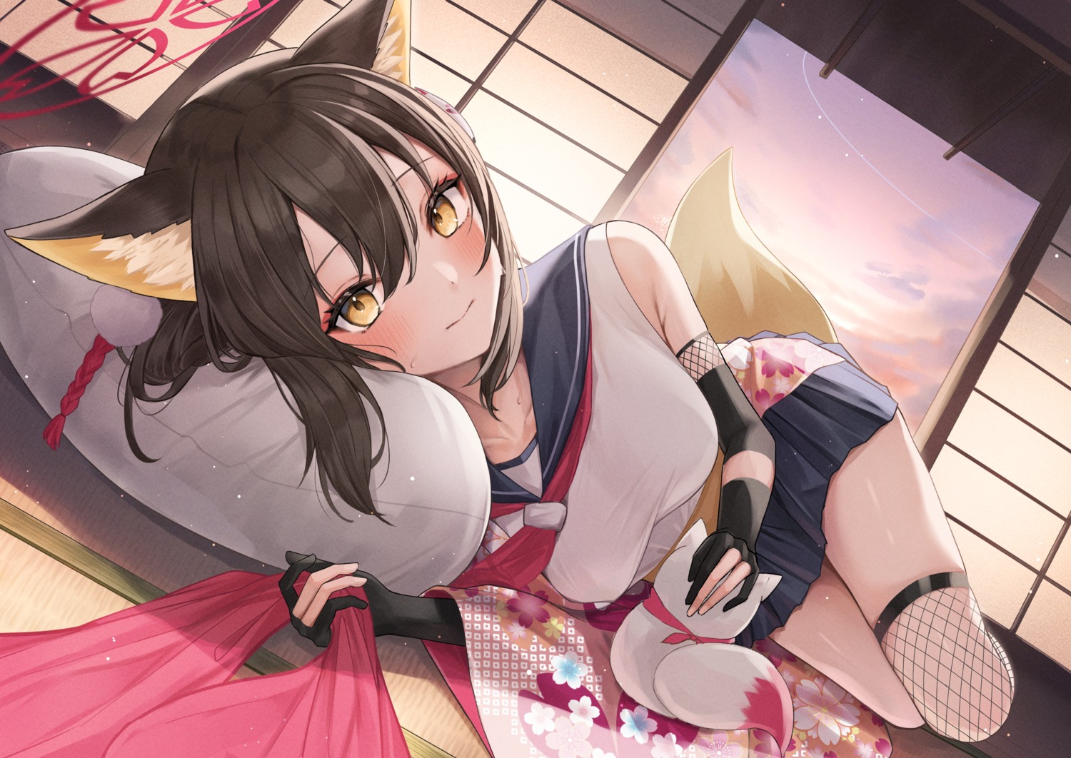 animal_ears blue_archive fishnets halo honome_sui japanese_clothes kitsune kuda_izuna seifuku tail thighhighs