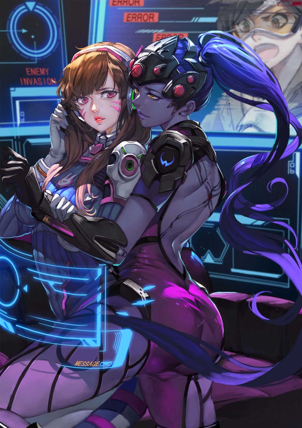 ass bodysuit d.va headphones megane no_bra overwatch pudding_(artist) tattoo tracer widowmaker