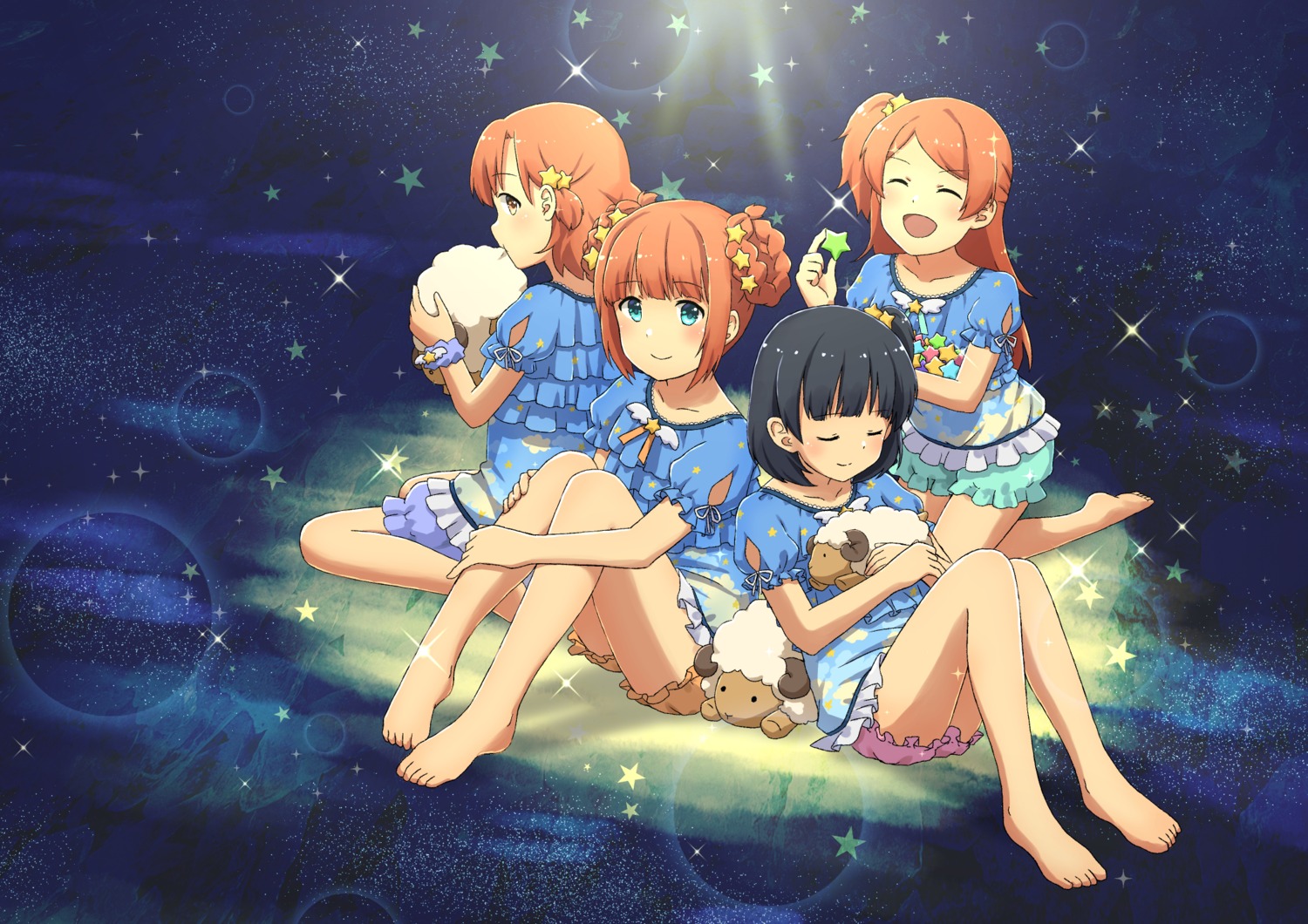 bloomers feet hirose_(yuki_mizore) nakatani_iku oogami_tamaki pajama takatsuki_yayoi the_idolm@ster the_idolm@ster_million_live! yabuki_kana