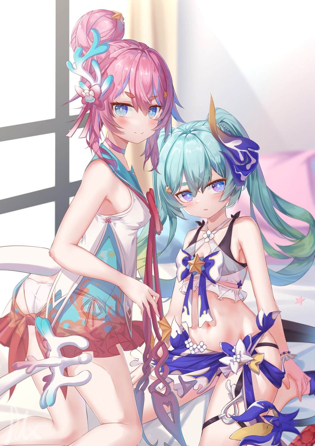 ass benghuai_xueyuan bikini garter honkai_impact horns liliya_olenyeva pai_daxing rozaliya_olenyeva see_through swimsuits