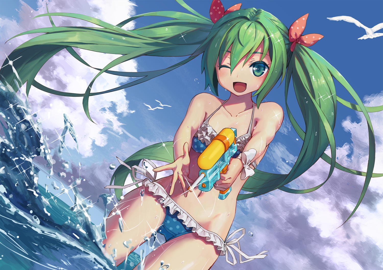 bikini gun hatsune_miku kyou-chan_(artist) swimsuits vocaloid wet