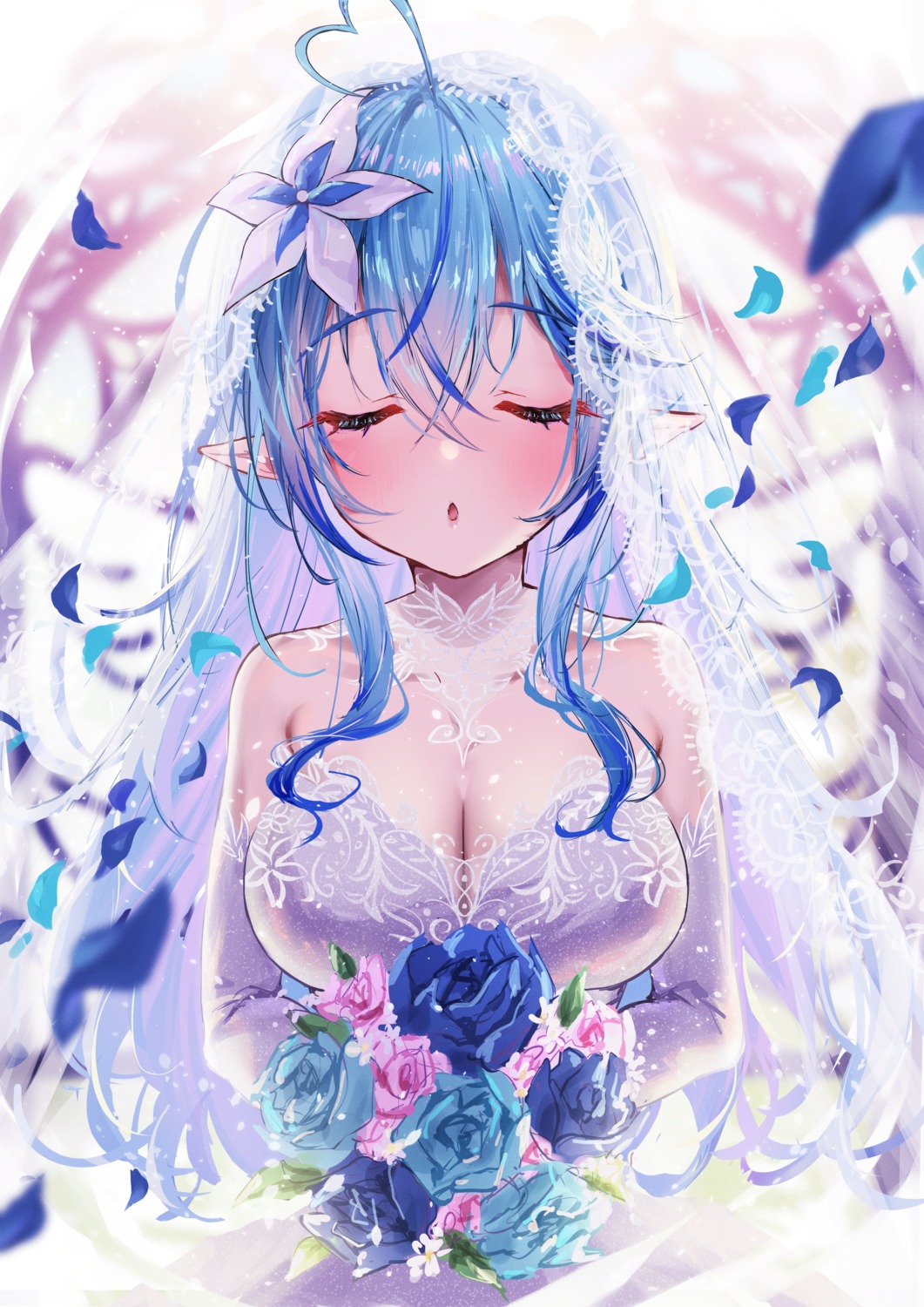 dress elf hololive misekiss no_bra pointy_ears wedding_dress yukihana_lamy