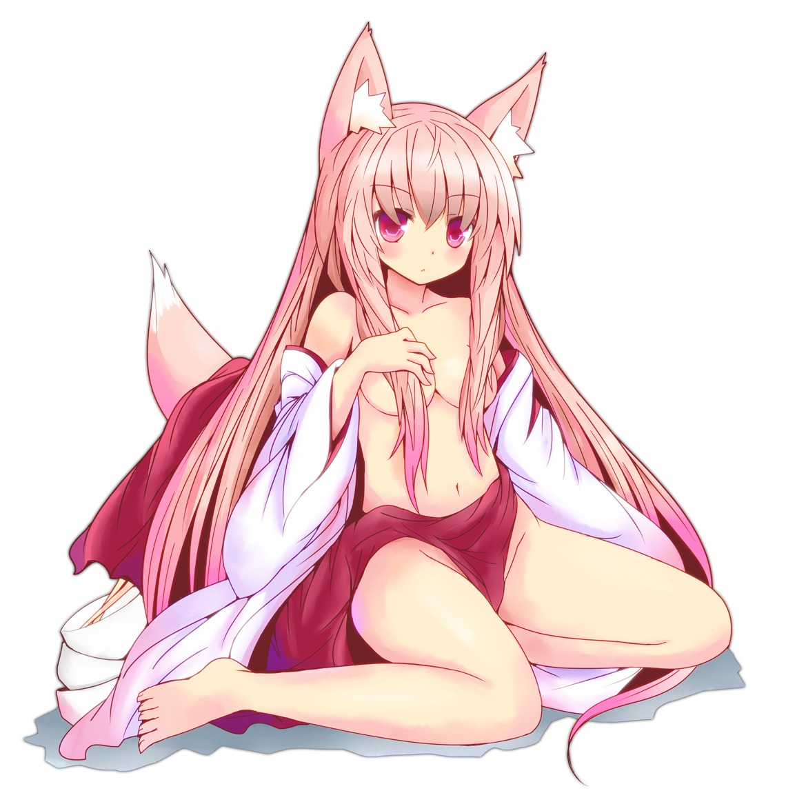 animal_ears breasts kitsune miko no_bra nopan open_shirt shio_poteto tail