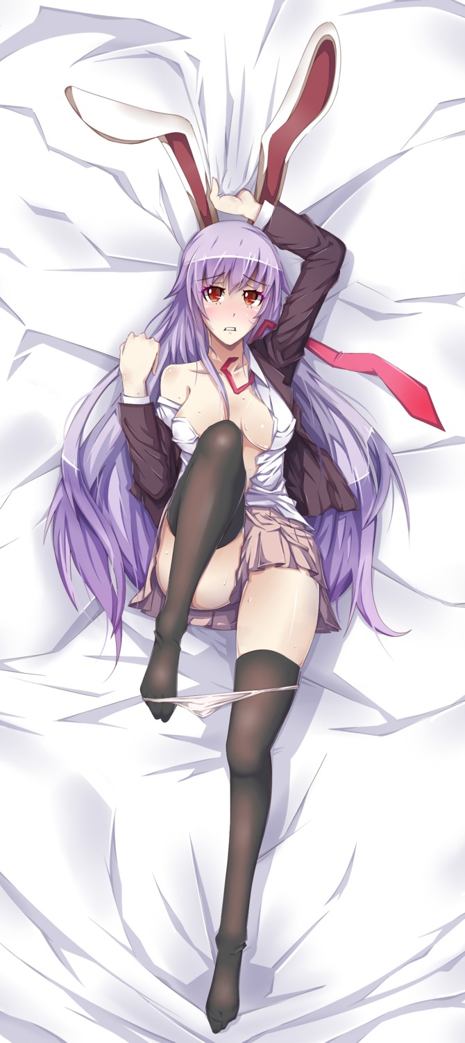 animal_ears bunny_ears no_bra open_shirt panty_pull paparins reisen_udongein_inaba thighhighs touhou