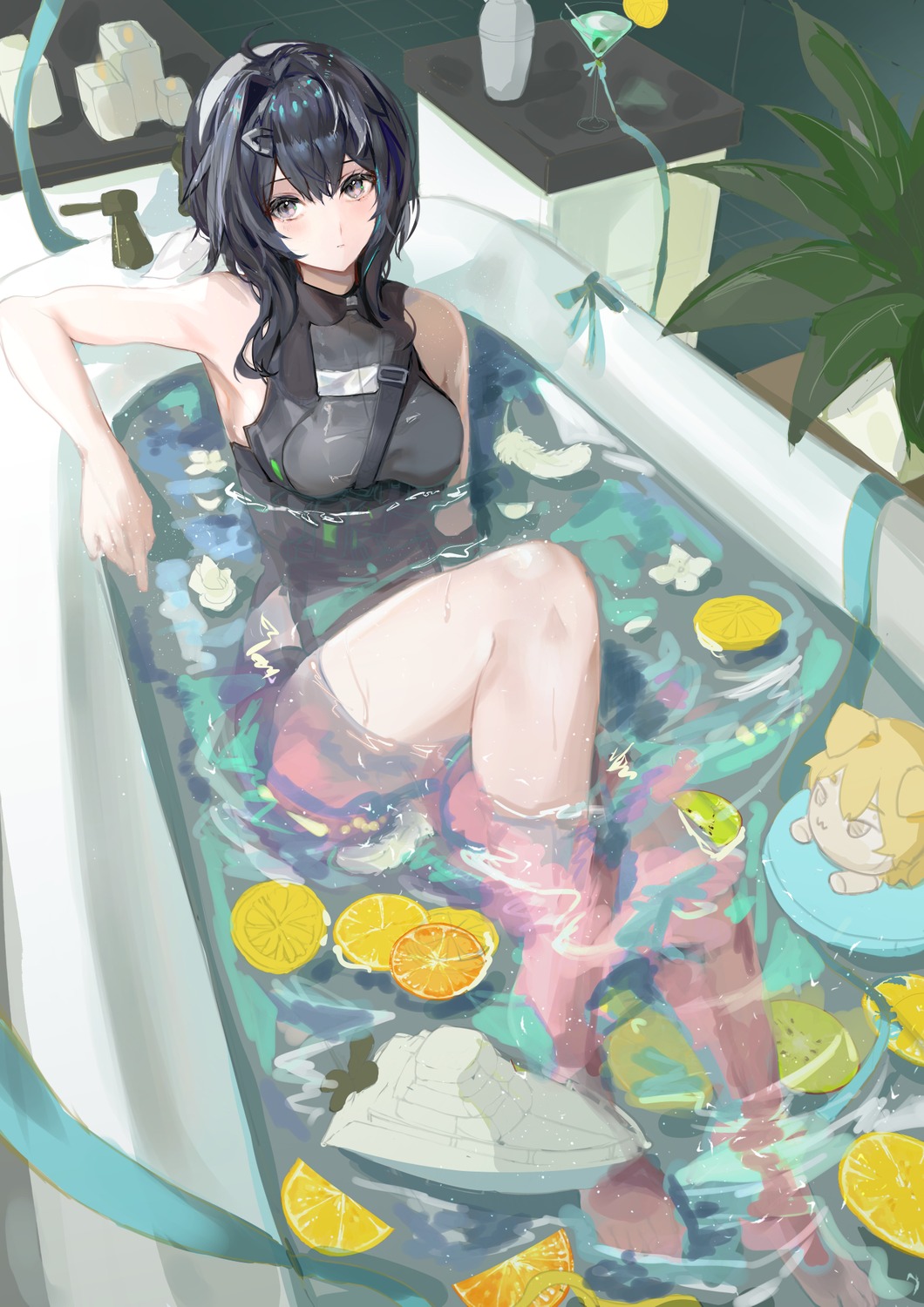 arknights bathing chibi la_pluma_(arknights) maria_(syake-uni) wet