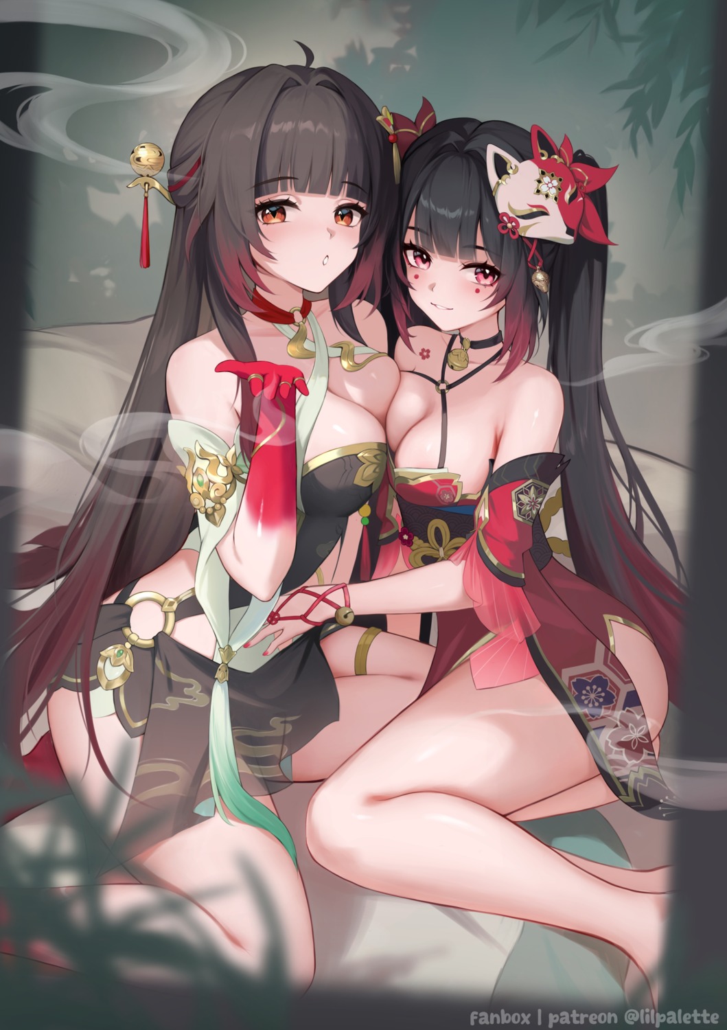 asian_clothes garter honkai:_star_rail japanese_clothes lilpalette lingsha no_bra see_through sparkle_(honkai:_star_rail) symmetrical_docking tattoo