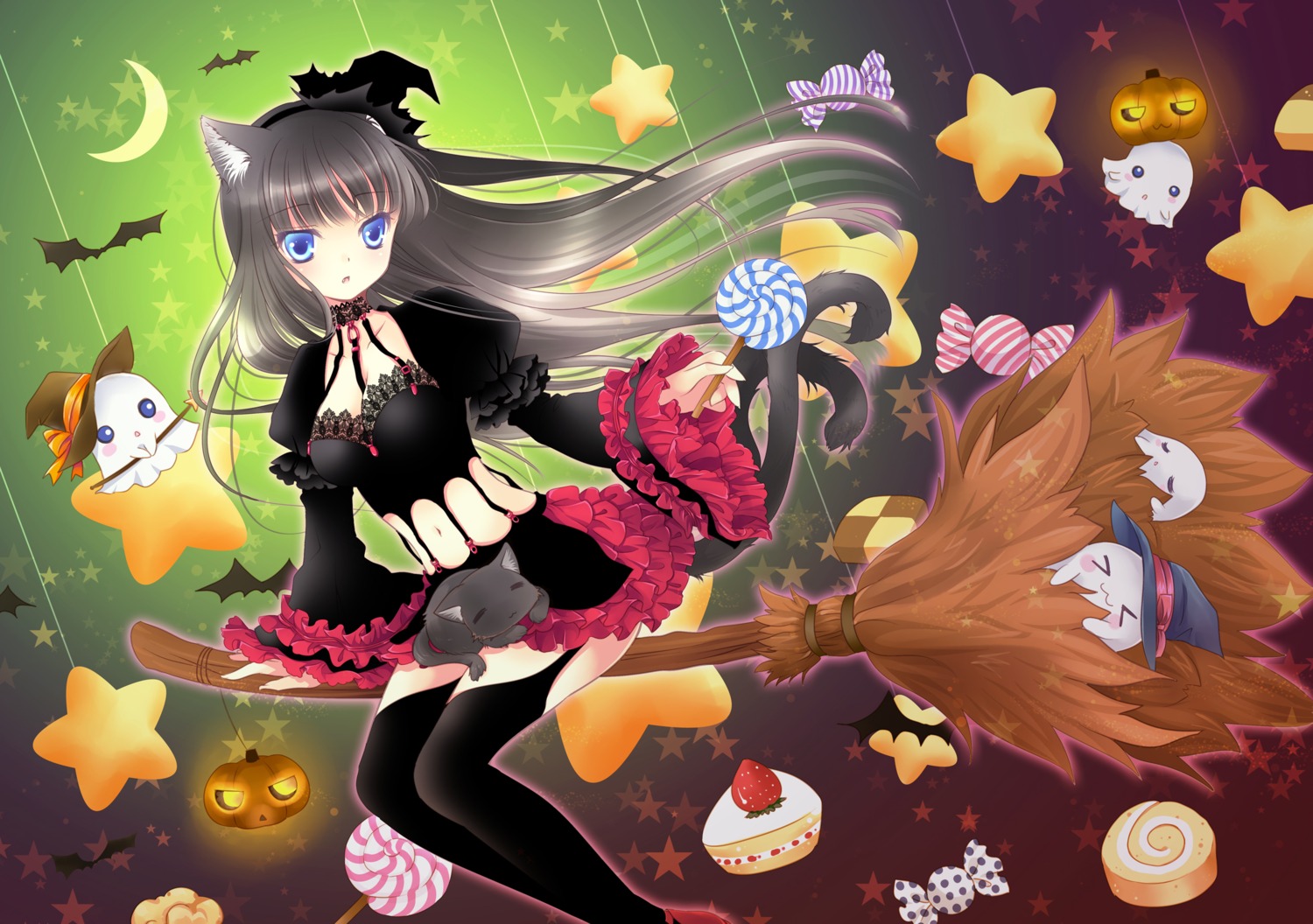 animal_ears halloween miyu_(tenshi_no_tsubasa) neko stockings tail thighhighs witch