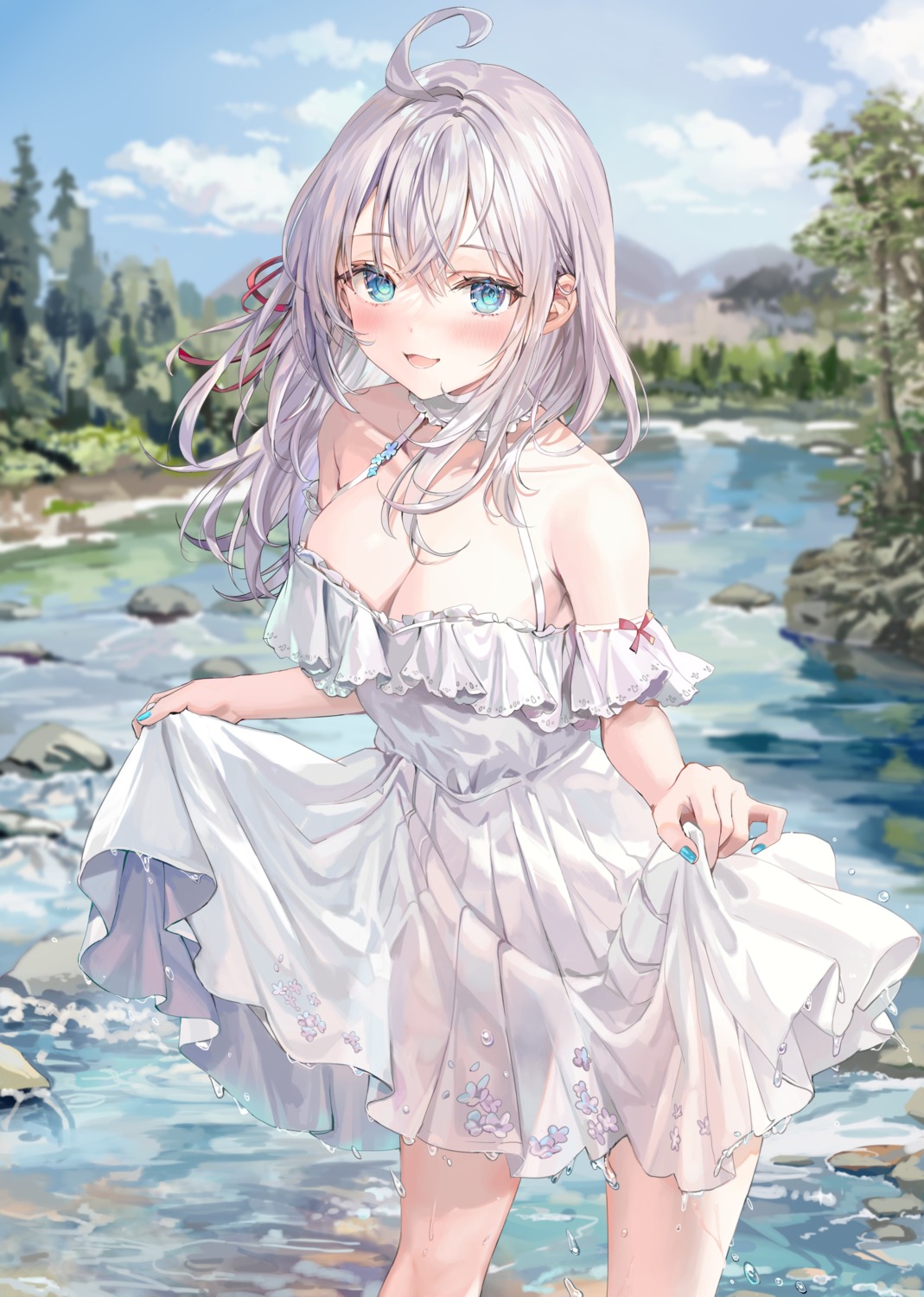 alisa_mikhailovna_kujou dress momoko_(momopoco) no_bra see_through skirt_lift summer_dress tokidoki_bosotto_roshia-go_de_dereru_tonari_no_alya-san wet wet_clothes