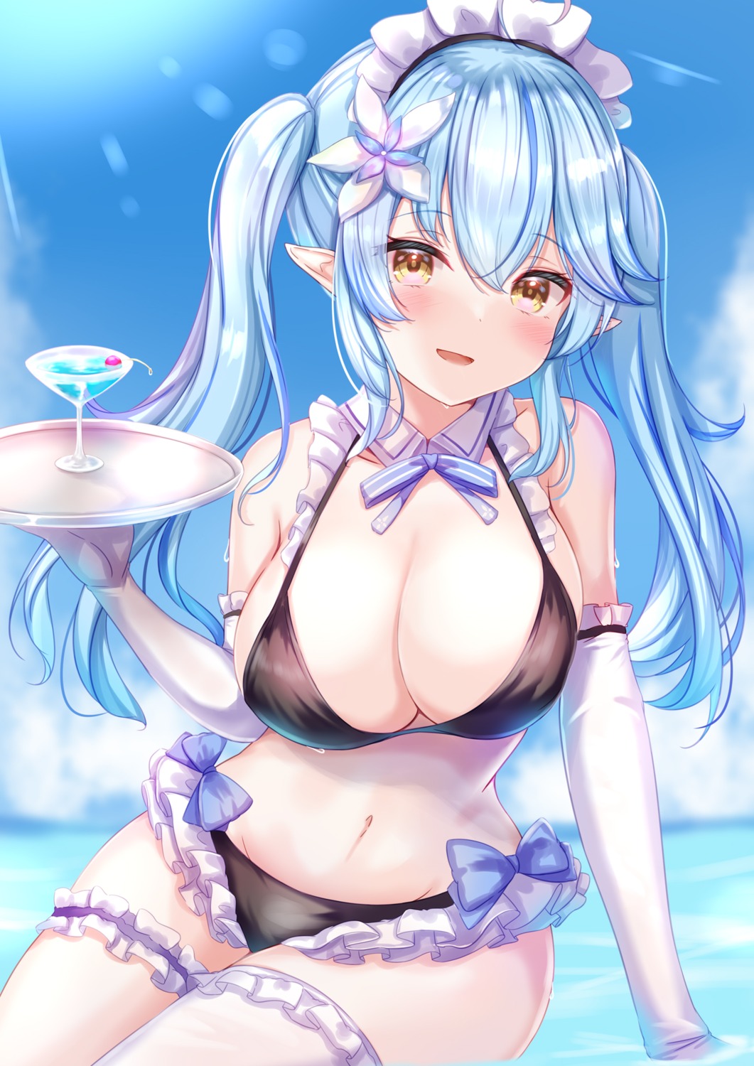 bikini elf garter hololive maid pointy_ears swimsuits thighhighs waitress yuano yukihana_lamy