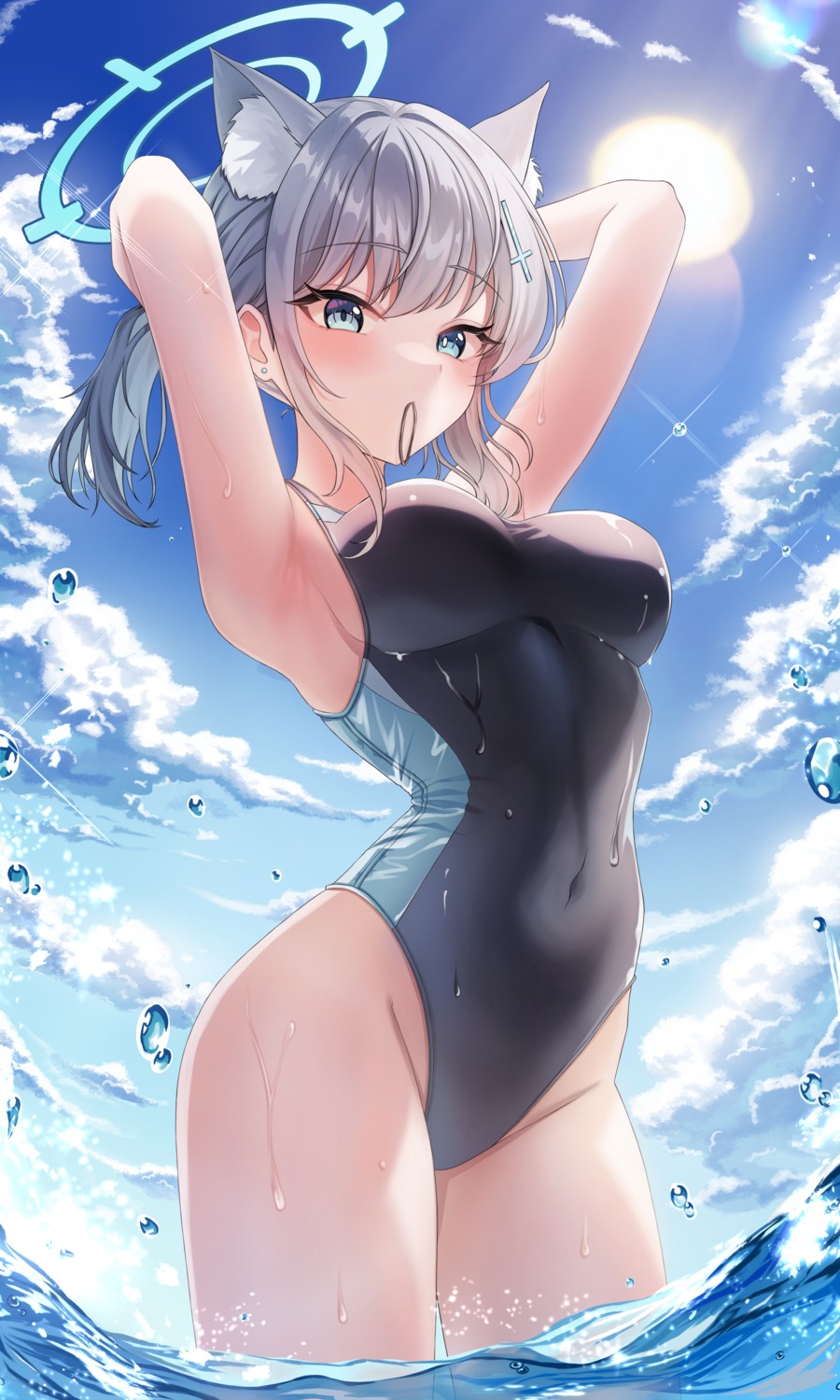 animal_ears blue_archive halo nekomimi ppudang sunaookami_shiroko swimsuits wet