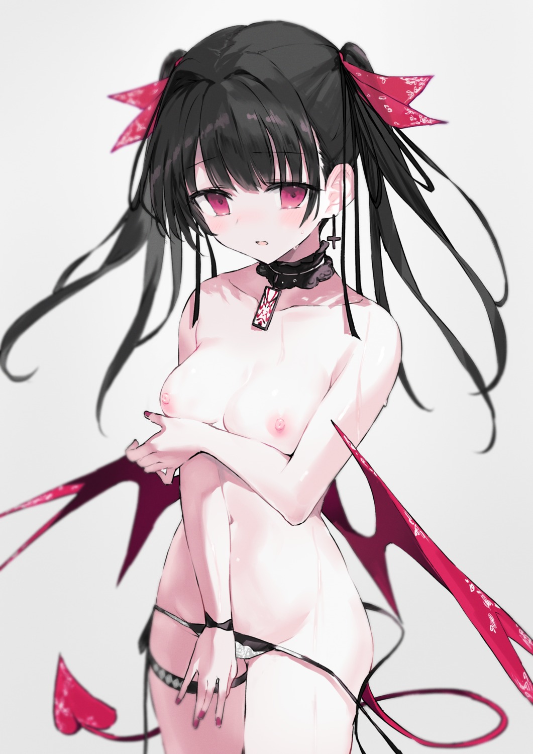 bikini breast_hold garter nana_(luna_berry) nipples panty_pull swimsuits tail topless wings