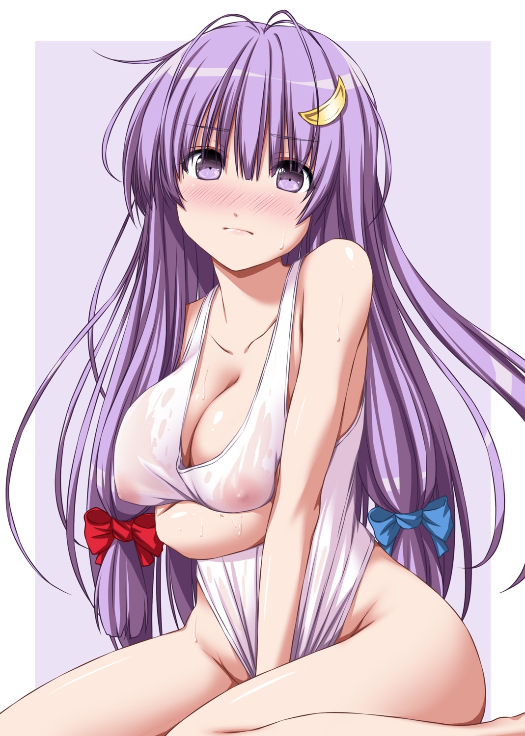 bottomless breast_hold nipples no_bra nori_tamago patchouli_knowledge see_through touhou wet_clothes