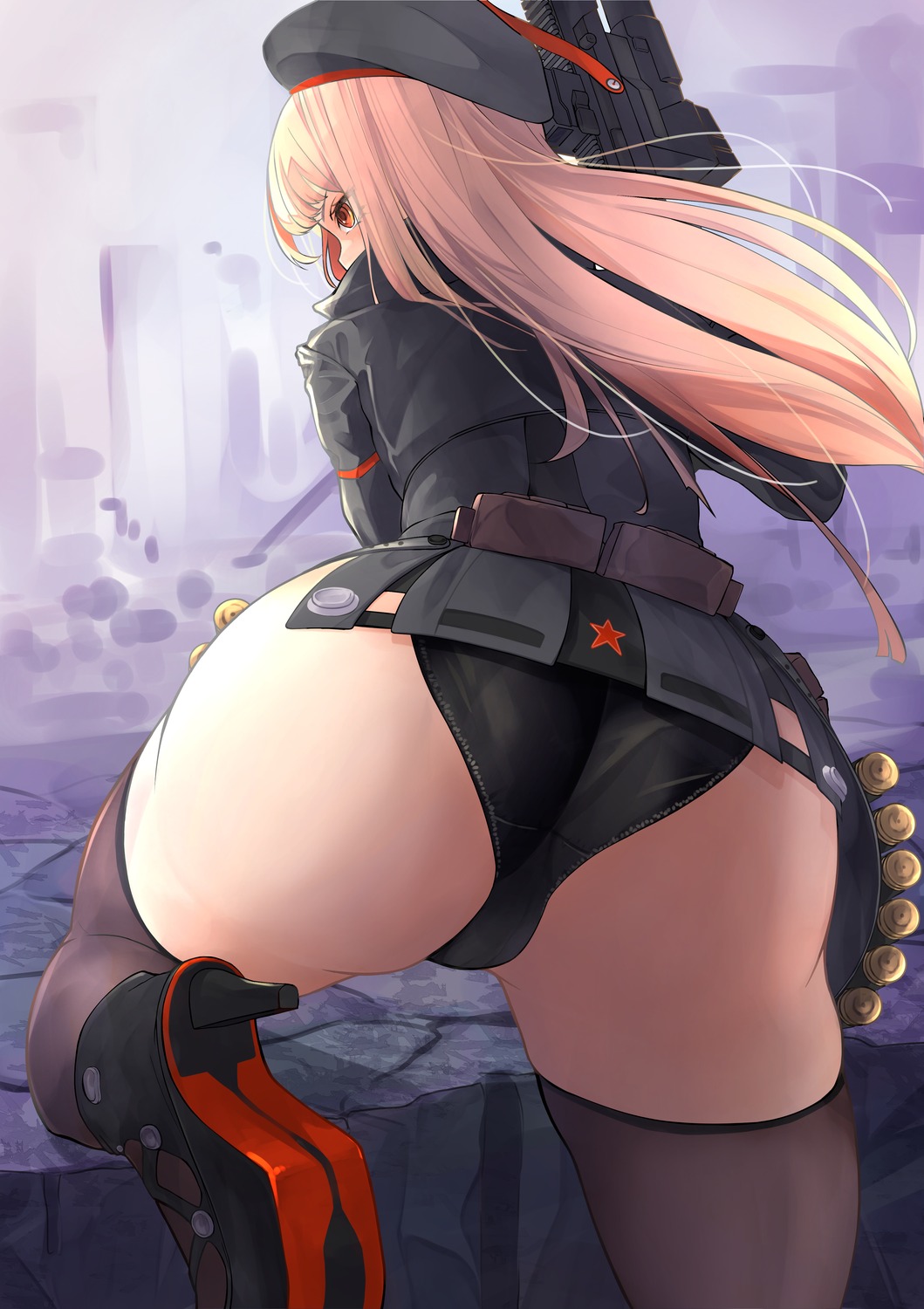 ass gun heels kakimoto_nao nikke_the_goddess_of_victory pantsu rapi_(nikke) thighhighs uniform