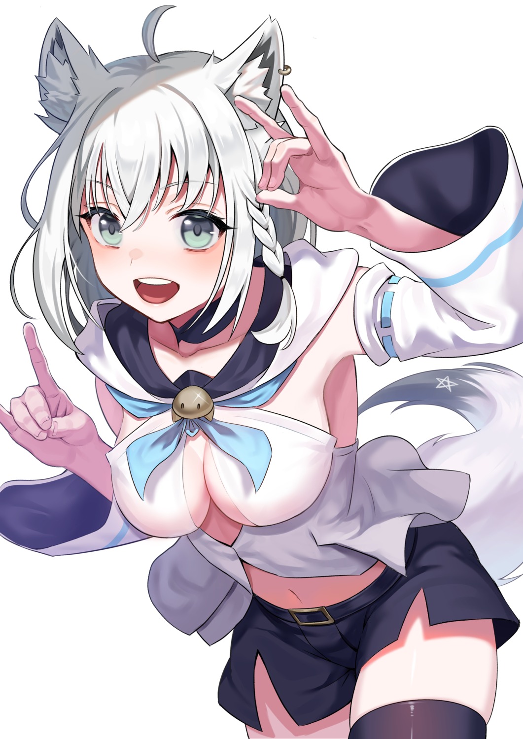 animal_ears cleavage ebinomi hololive hololive_gamers kitsune no_bra shirakami_fubuki tail thighhighs