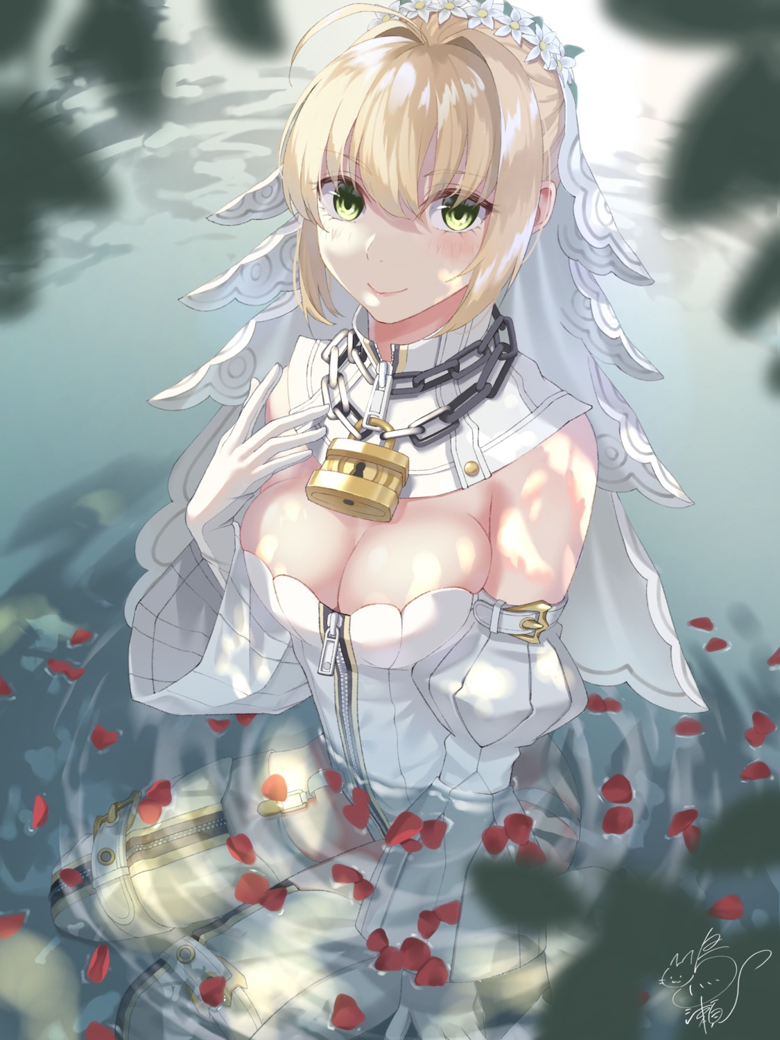 cleavage fate/grand_order leotard naruse_(0819) no_bra saber_bride saber_extra stockings thighhighs wet