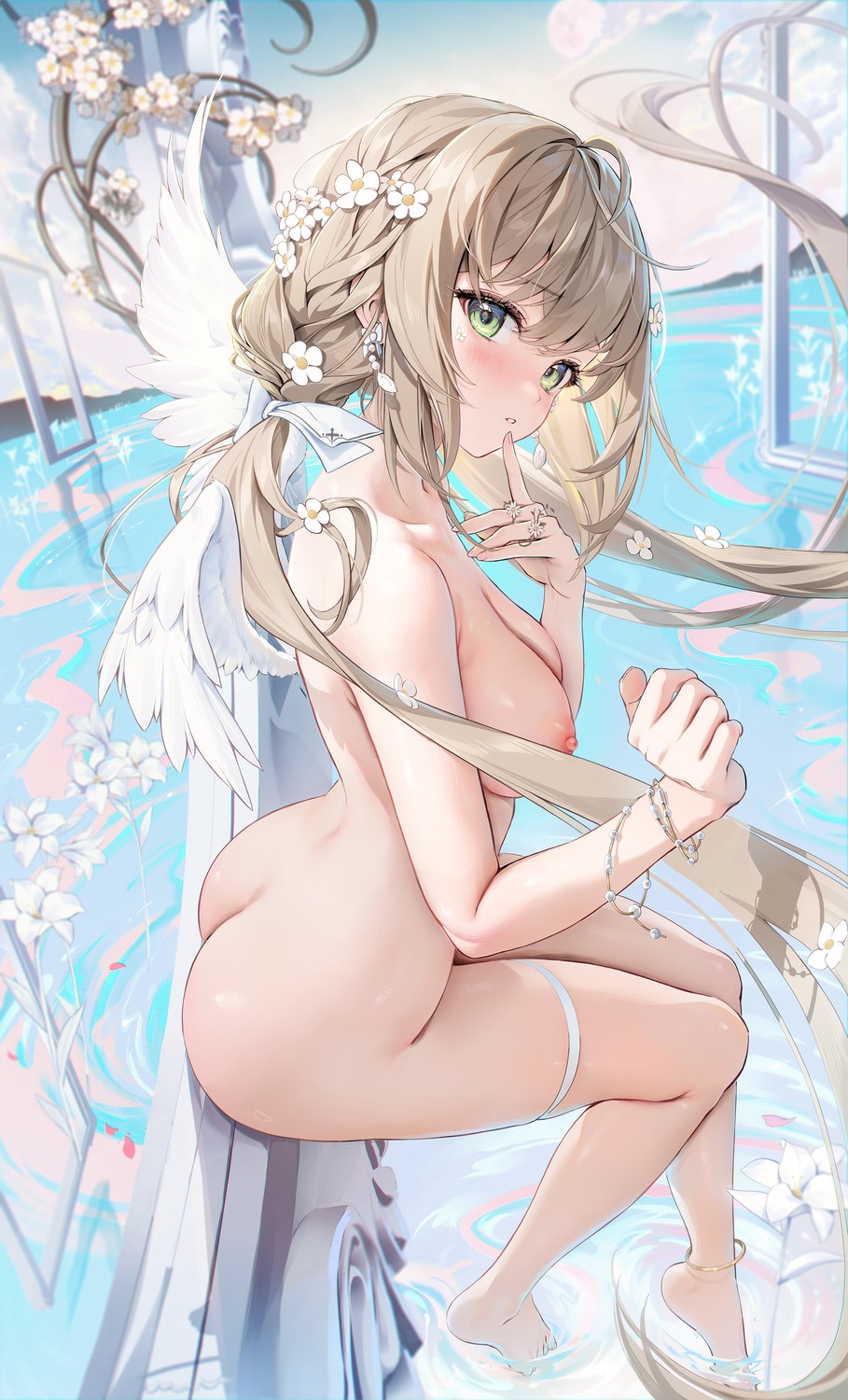ass garter houkisei momoko_(houkiboshi) naked nipples wet wings