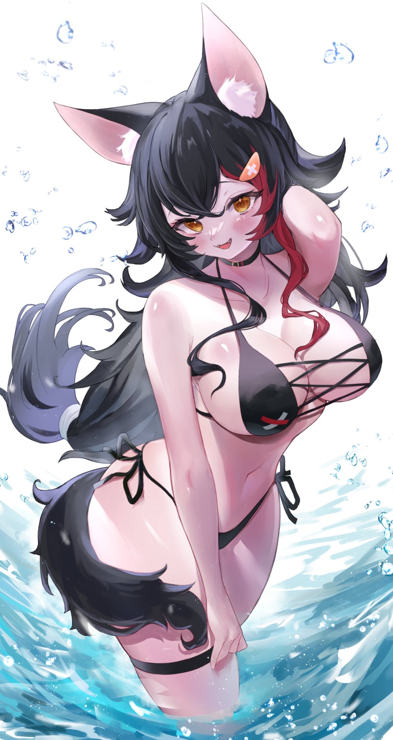 animal_ears bikini garter higashigure hololive hololive_gamers ookami_mio swimsuits tail wet