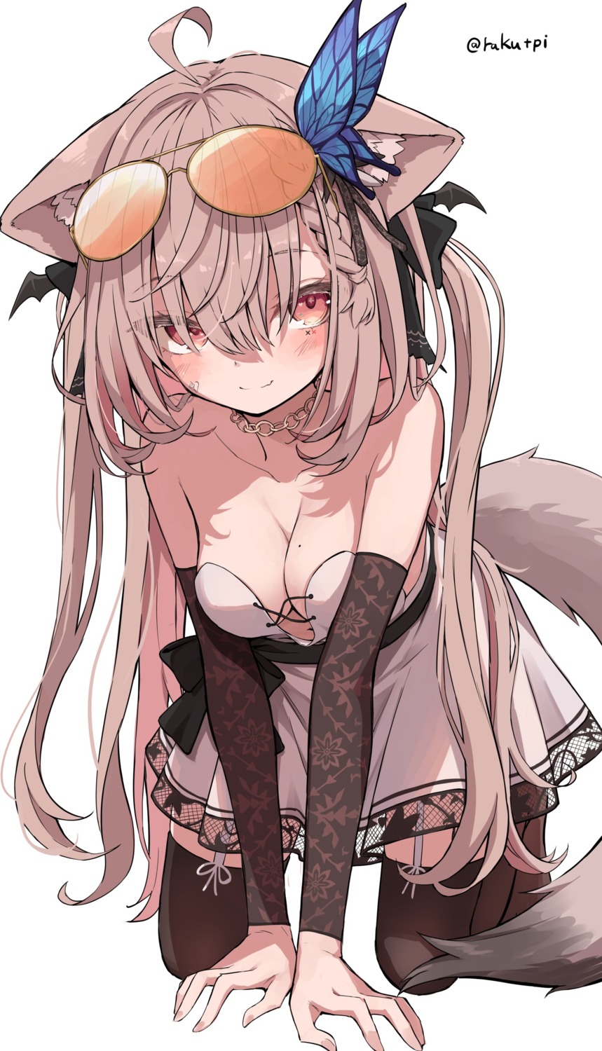 animal_ears dress fishnets foiv_(vrchat) megane nekomimi no_bra rakutarou_(rakutpi) see_through stockings tail tattoo thighhighs vrchat