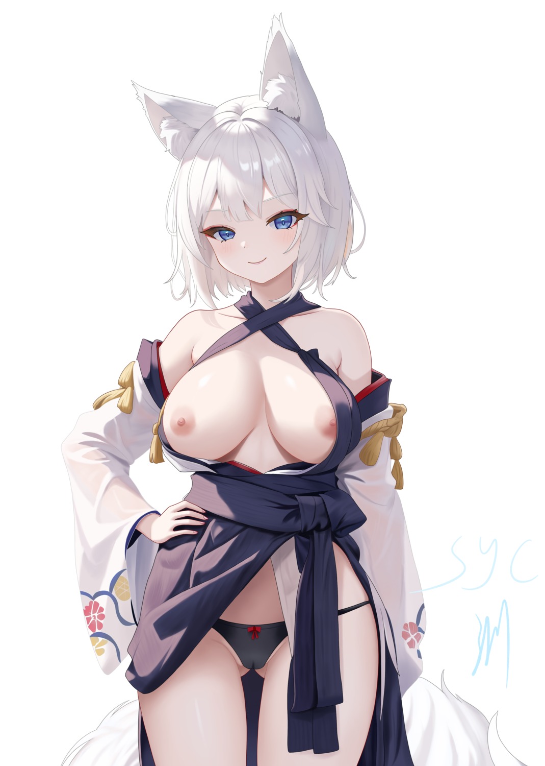 animal_ears breasts cameltoe nipples no_bra pantsu shi_ying skirt_lift tail