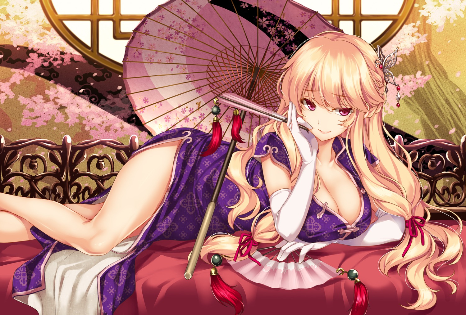 chinadress cleavage monety no_bra open_shirt touhou umbrella yakumo_yukari