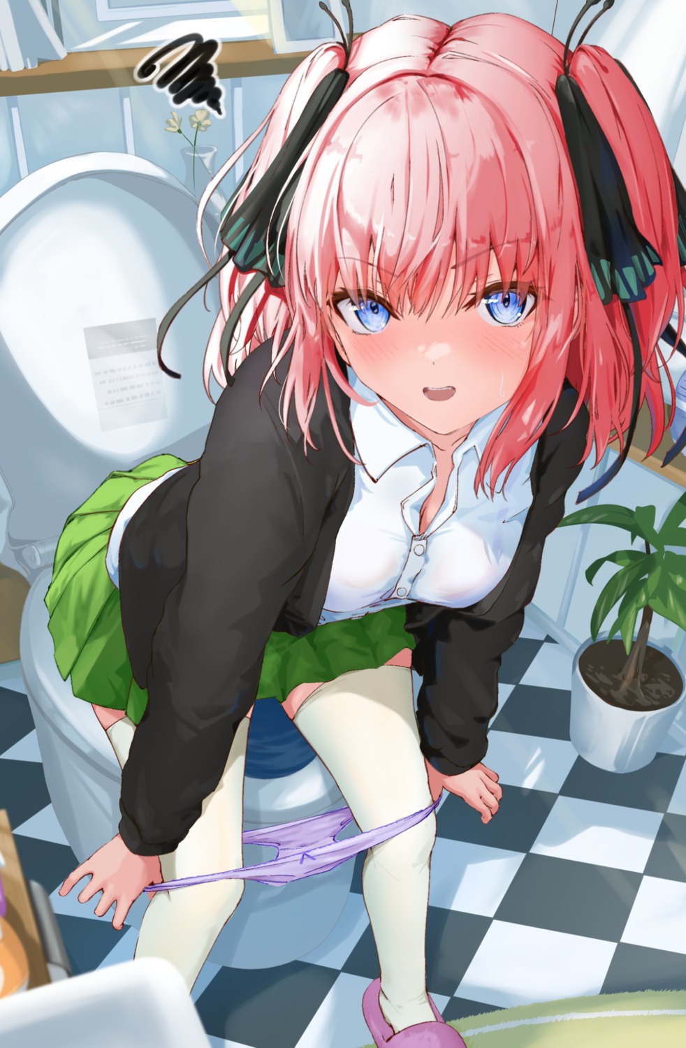 5-toubun_no_hanayome cleavage momiji_akiba nakano_nino pantsu panty_pull seifuku sweater thighhighs undressing