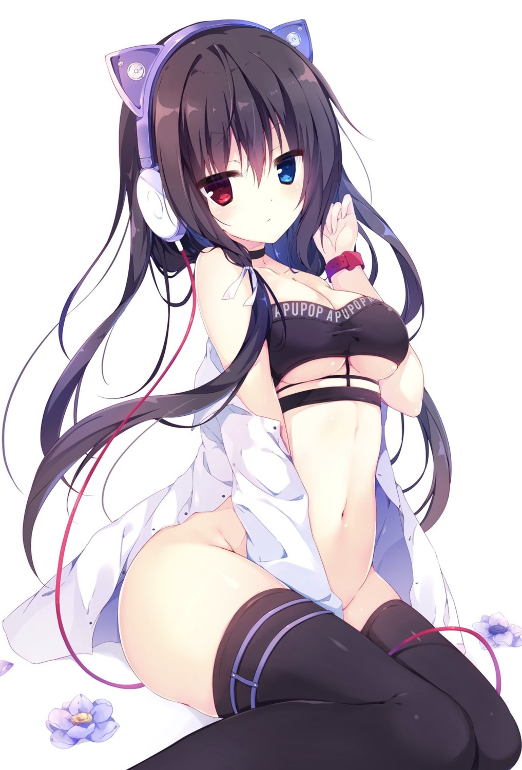 animal_ears bottomless bra cleavage ekure_amu heterochromia muku_(apupop) nekomimi open_shirt thighhighs underboob