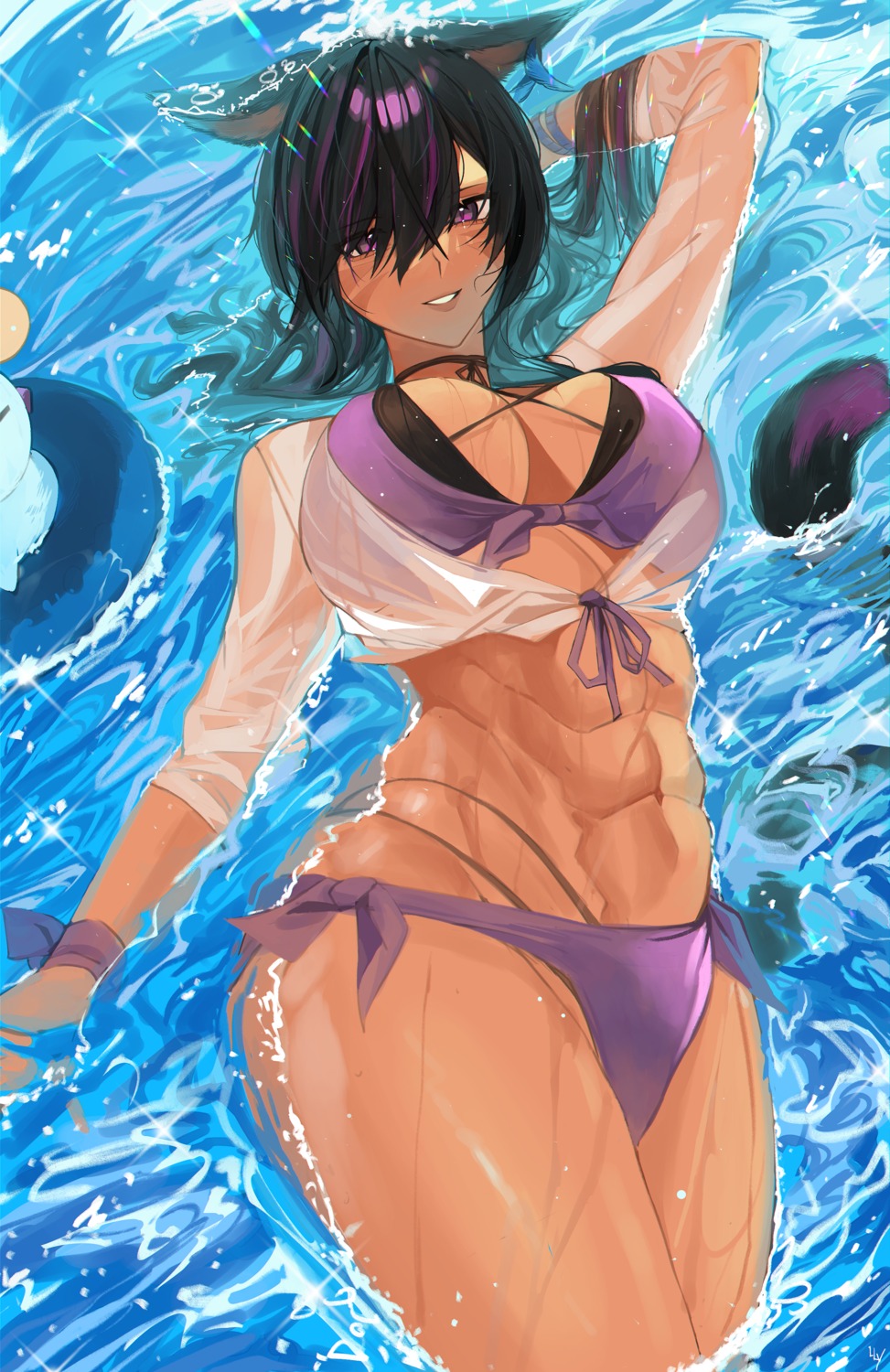 animal_ears bikini lilycious open_shirt see_through swimsuits tail wet wet_clothes