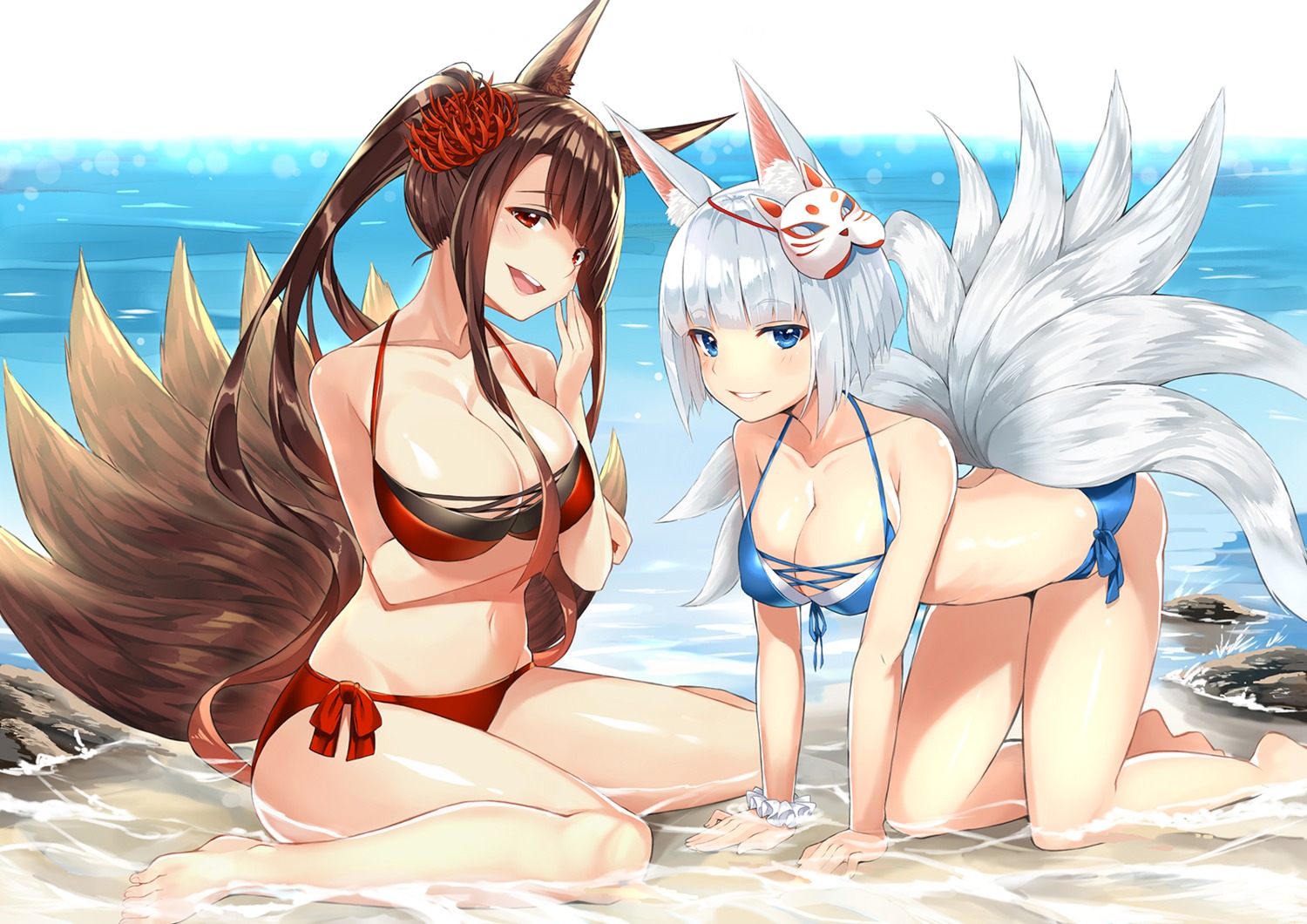 akagi_(azur_lane) animal_ears azur_lane bikini cleavage kaga_(azur_lane) kitsune shitou_(1992116210) swimsuits tail wet