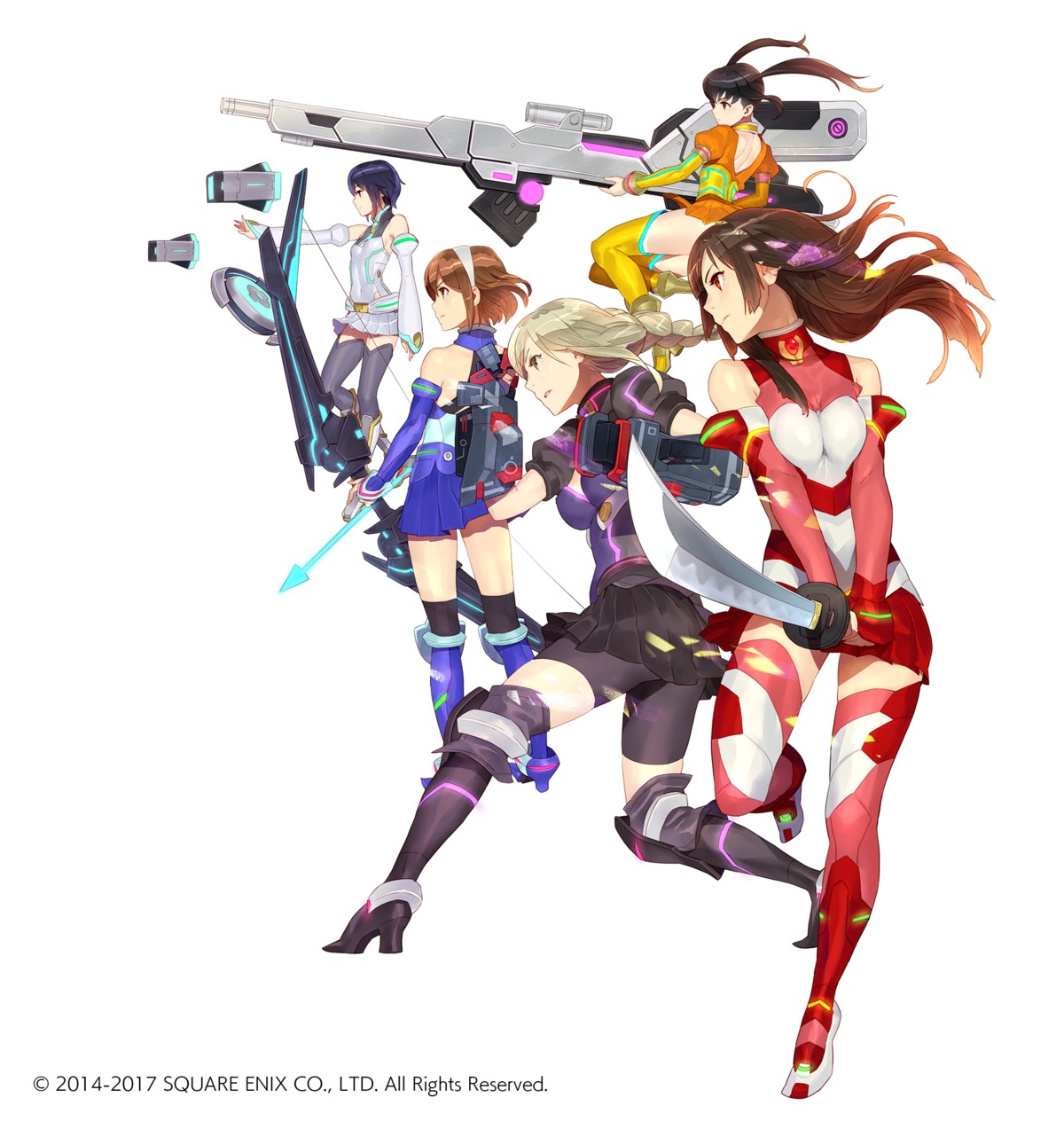 bodysuit gun heels miyama_tsubame namori_mana sajima_yuumi school_girl_strikers sumihara_satoka sword tagme thighhighs weapon yaginuma_io