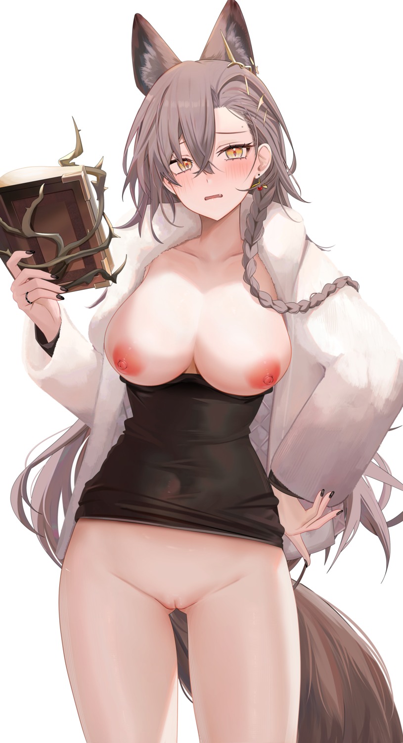 animal_ears arknights breasts dress nipples no_bra nopan penance pussy ru_zhai skirt_lift tail uncensored