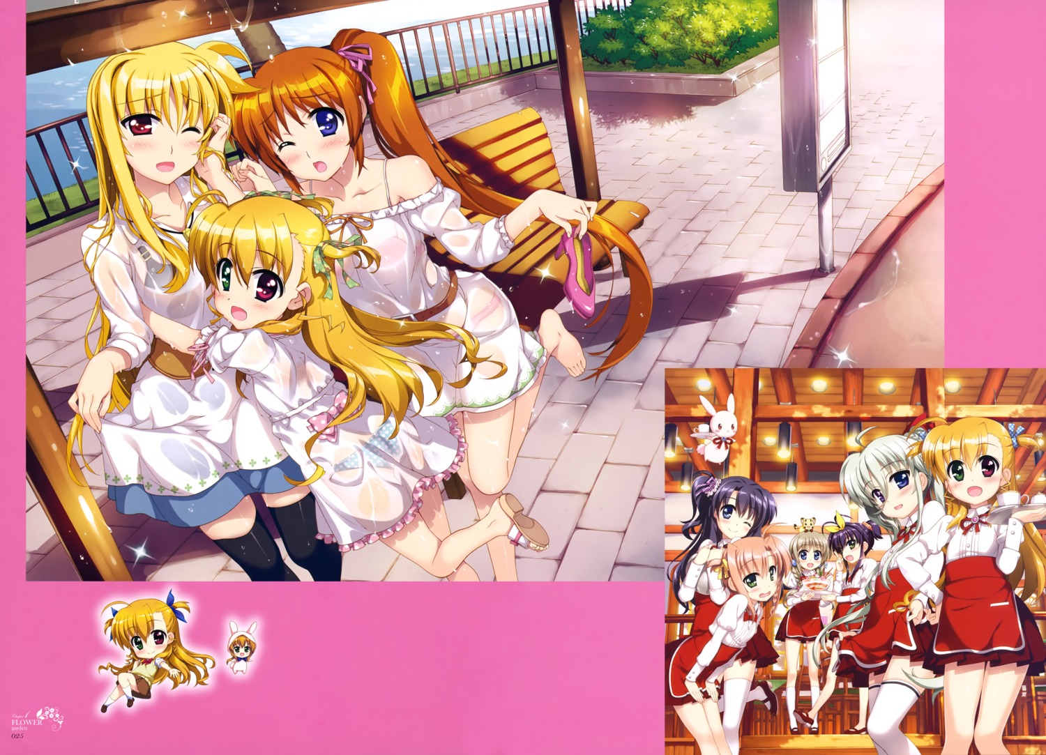 asteion bra chibi corona_timir dress fate_testarossa fujima_takuya heels heterochromia mahou_shoujo_lyrical_nanoha mahou_shoujo_lyrical_nanoha_vivid miura_rinaldi pantsu rio_wezley sacred_heart see_through skirt_lift takamachi_nanoha thighhighs vivid_strike! vivio waitress wet wet_clothes yumina_enclave