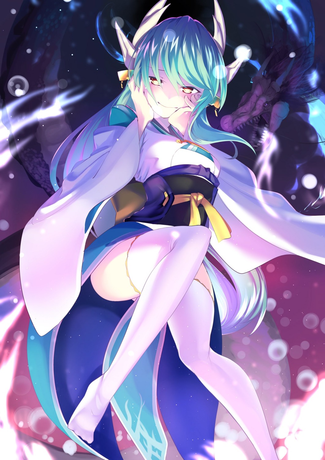 fate/grand_order feet horns japanese_clothes kiyohime_(fate/grand_order) soup-chan thighhighs