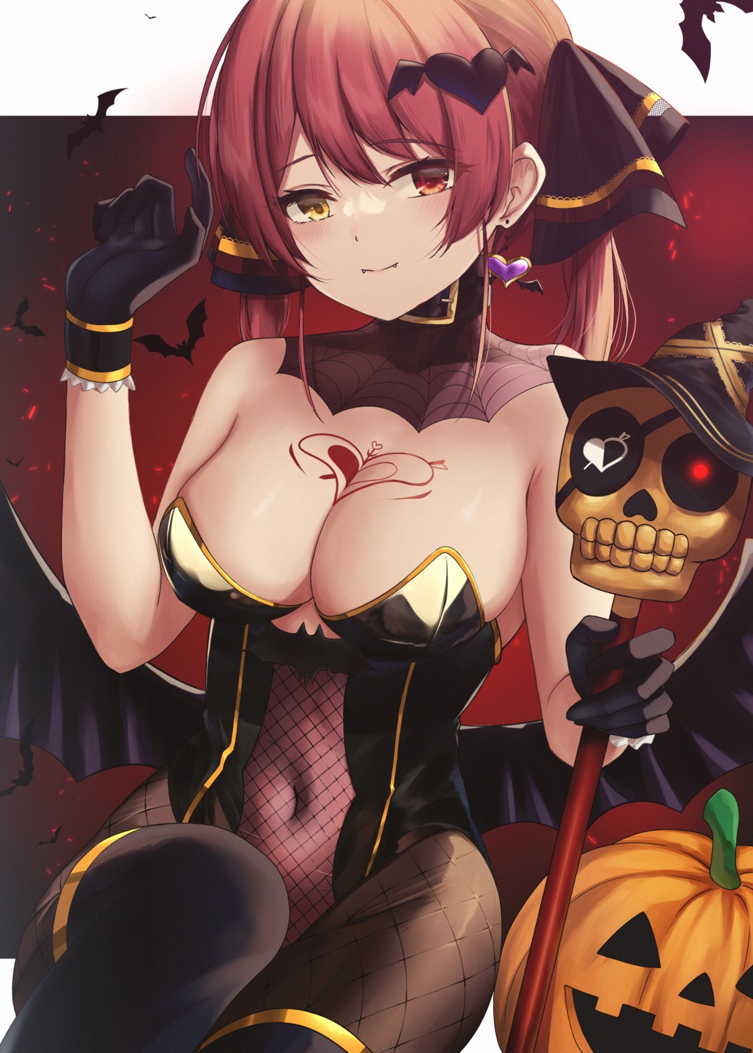 eyepatch fishnets halloween heterochromia hololive houshou_marine leotard pantyhose tattoo thighhighs wings yamikyon