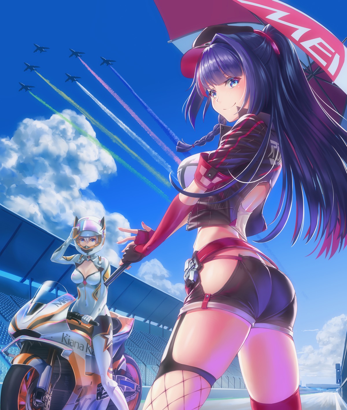 ass benghuai_xueyuan bodysuit cleavage fishnets gotointhepark honkai_impact raiden_mei stockings thighhighs umbrella