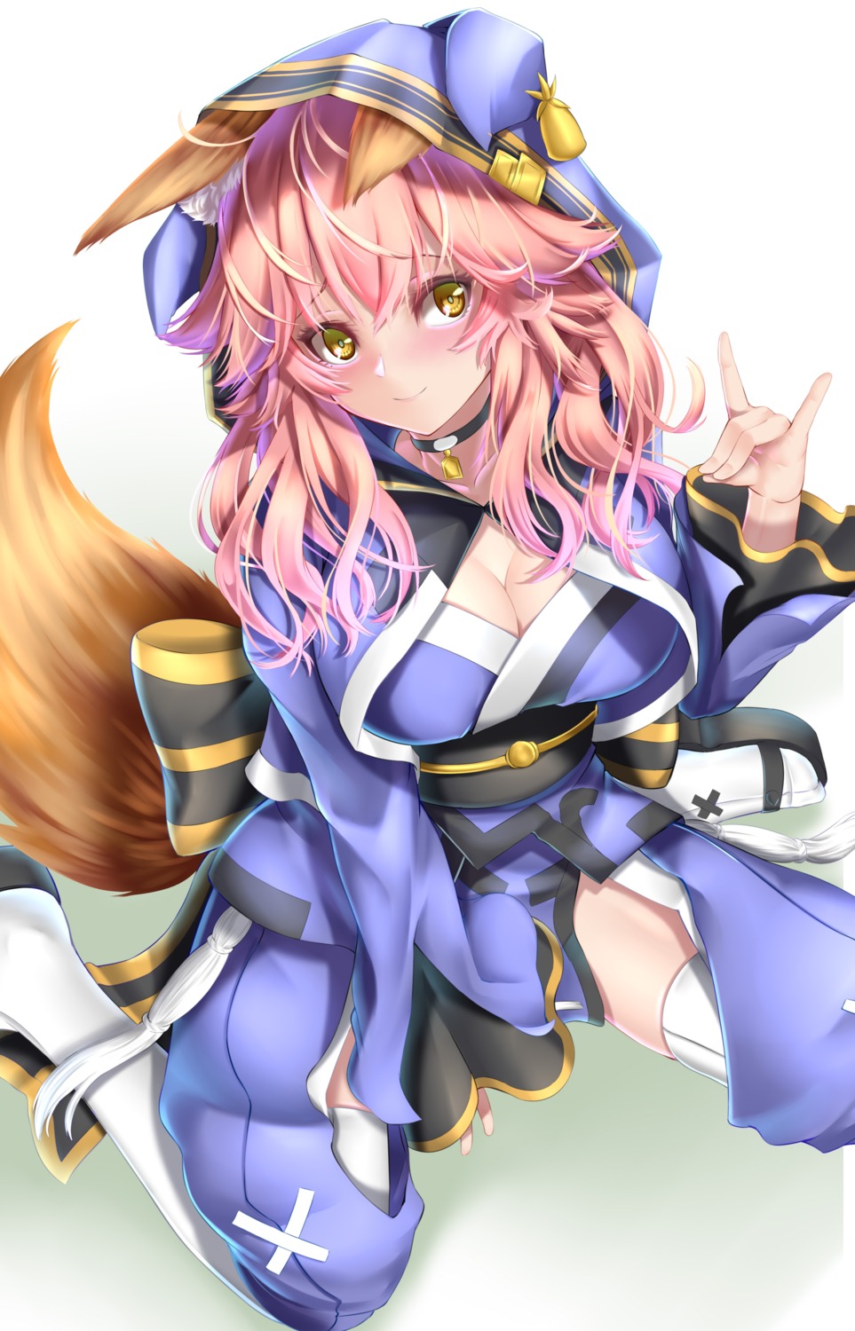 animal_ears cleavage fate/grand_order japanese_clothes kamehito kitsune tail tamamo_no_mae thighhighs