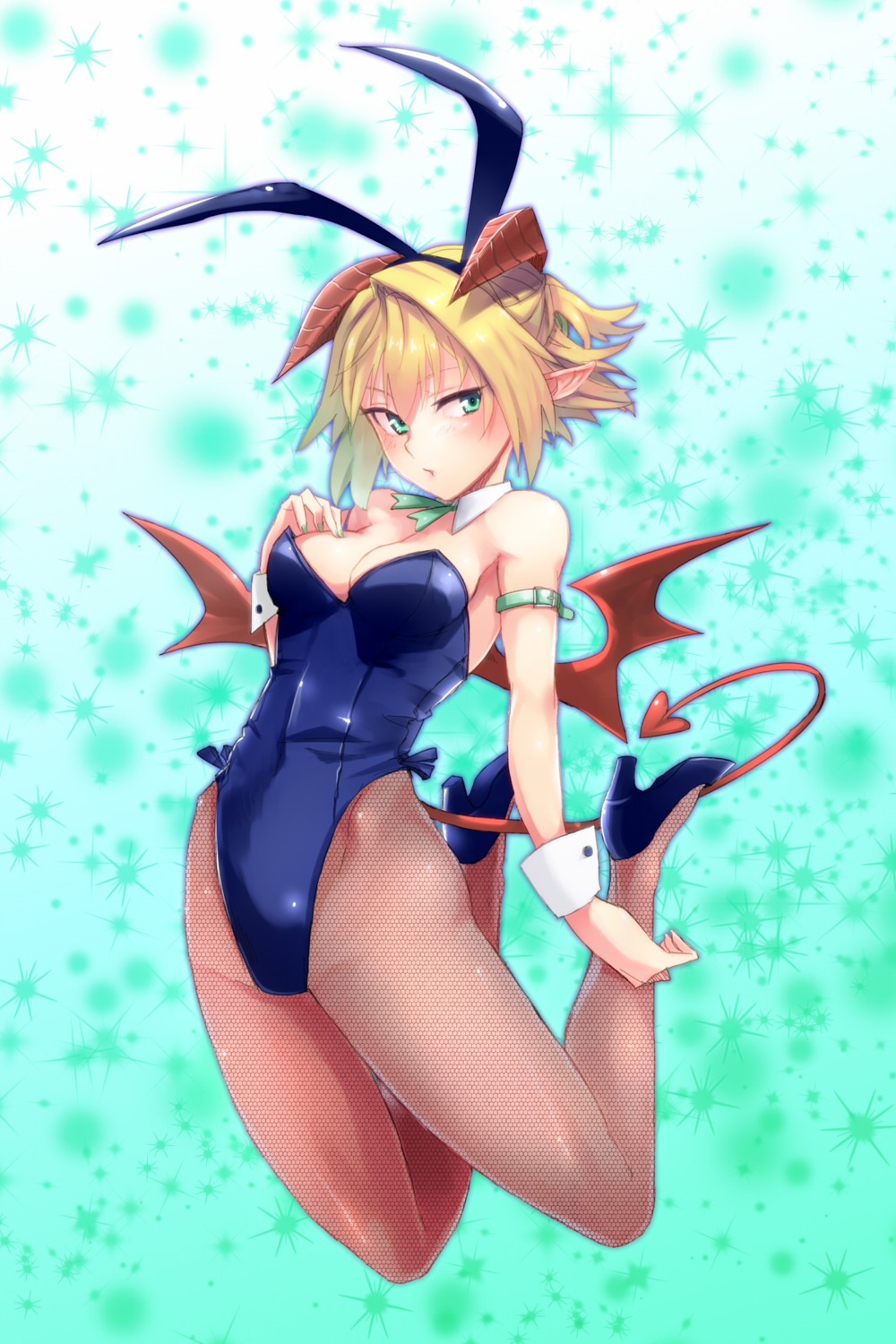 animal_ears breast_hold bunny_ears bunny_girl cleavage fishnets heels horns kiryuutyki mizuhashi_parsee no_bra nopan pantyhose pointy_ears tail touhou wings