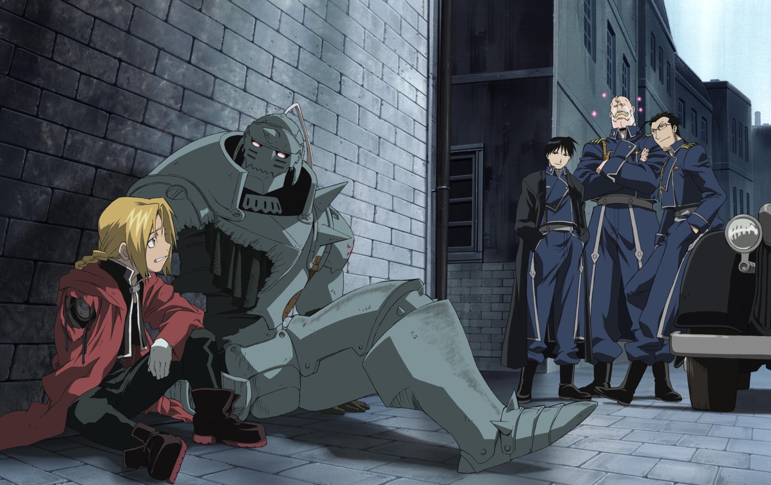 alex_louis_armstrong alphonse_elric edward_elric fullmetal_alchemist maes_hughes male roy_mustang