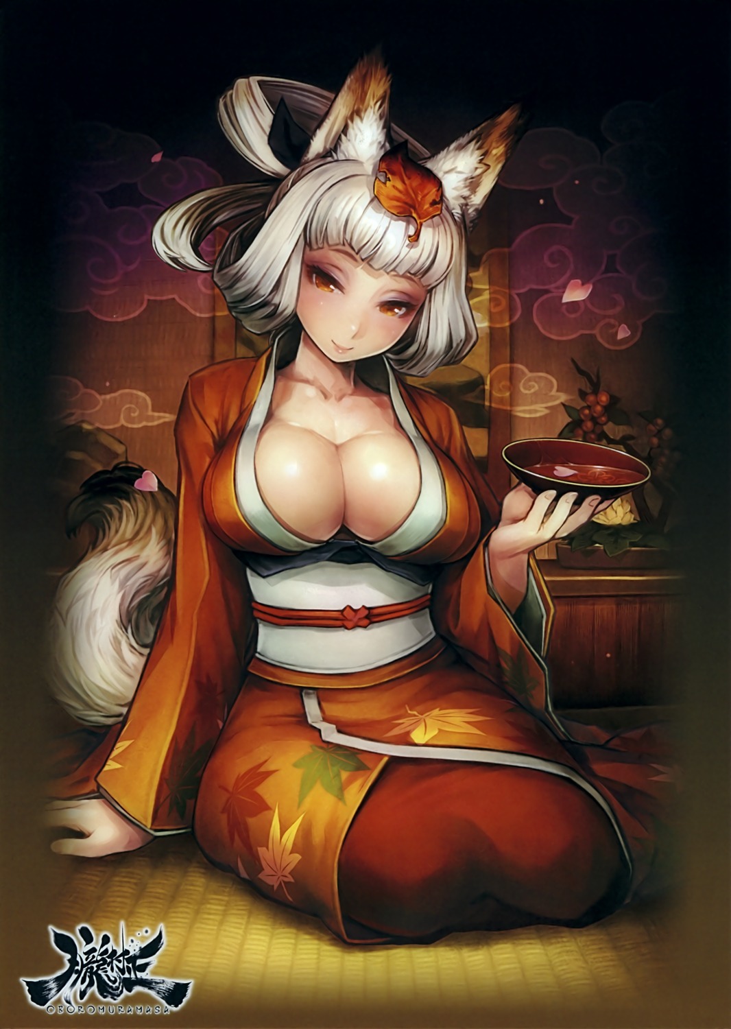 animal_ears cleavage kimono kitsune kongiku no_bra oboro_muramasa open_shirt sake shigatake tail