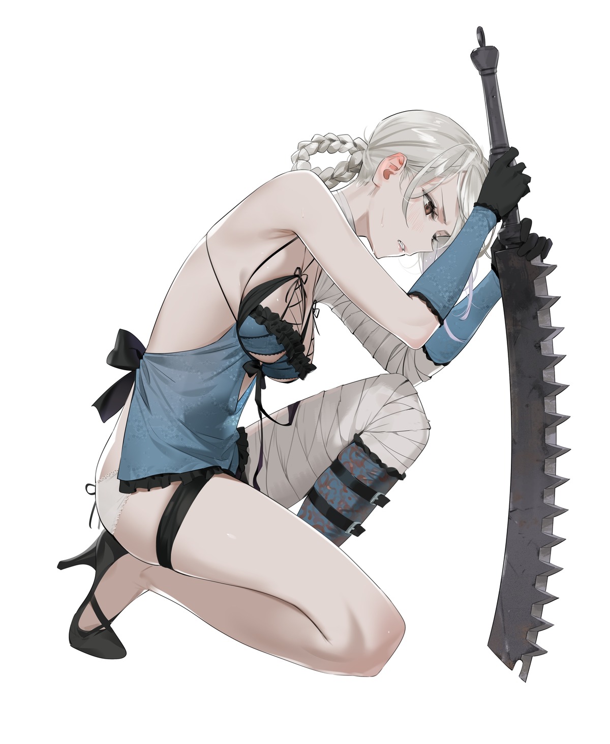 bandages garter heels kaine_(nier) lingerie nier nier_replicant no_bra pantsu weapon yd_(orange_maru)