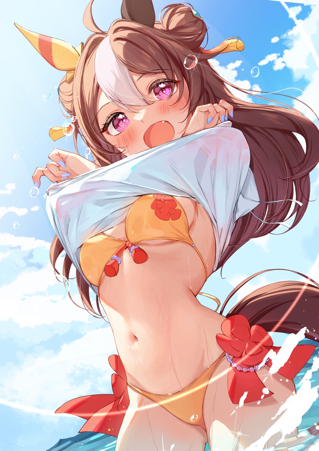 animal_ears bikini copano_rickey_(umamusume) saboten_mushi shirt_lift swimsuits tail uma_musume_pretty_derby undressing wet