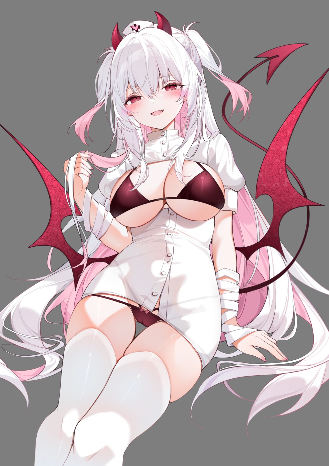 bandages bra breasts cameltoe devil horns nurse open_shirt pantsu see_through skirt_lift tail thighhighs transparent_png wings yukineko1018