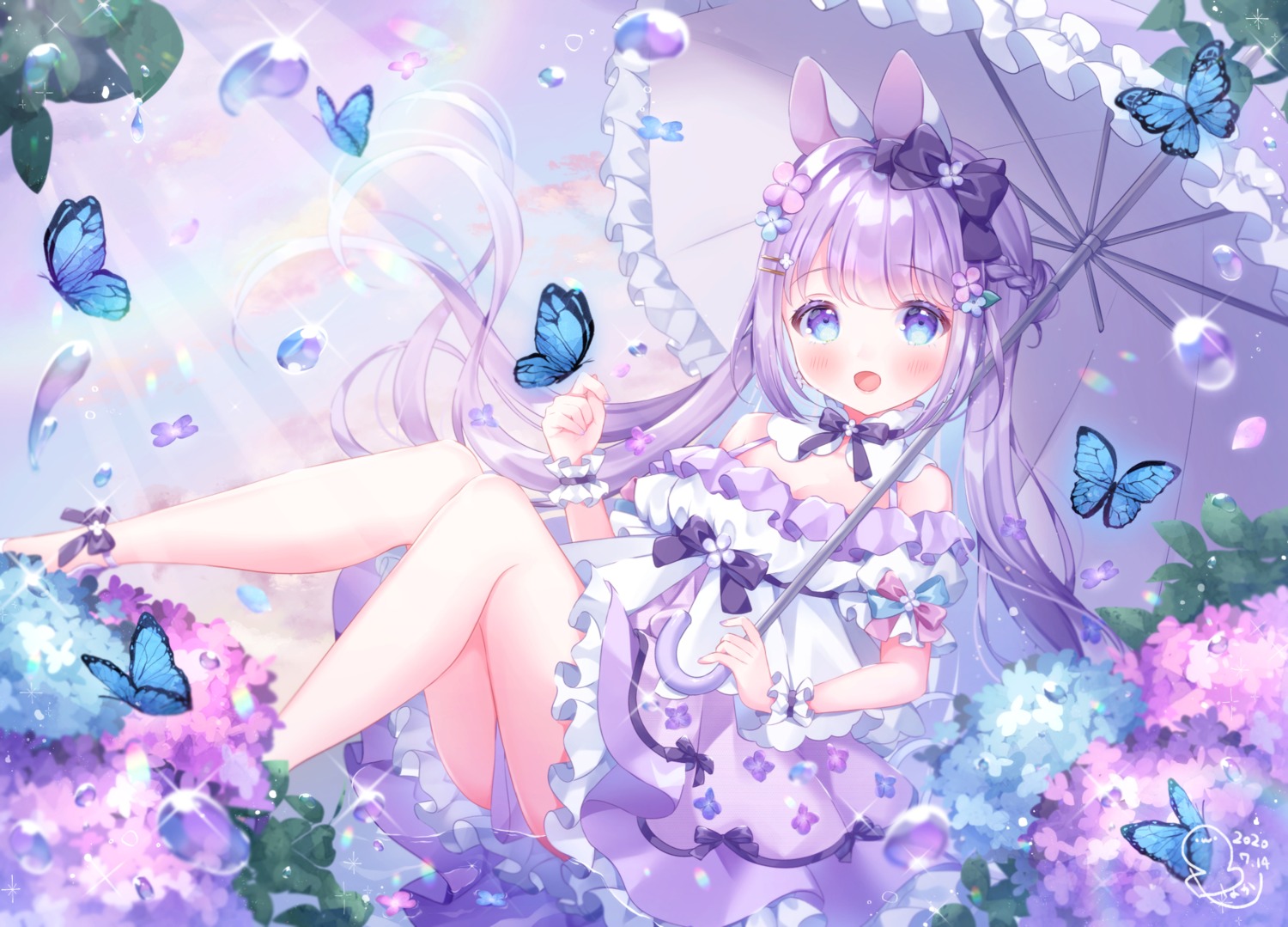 animal_ears dress lolita_fashion omochi_monaka skirt_lift umbrella wet