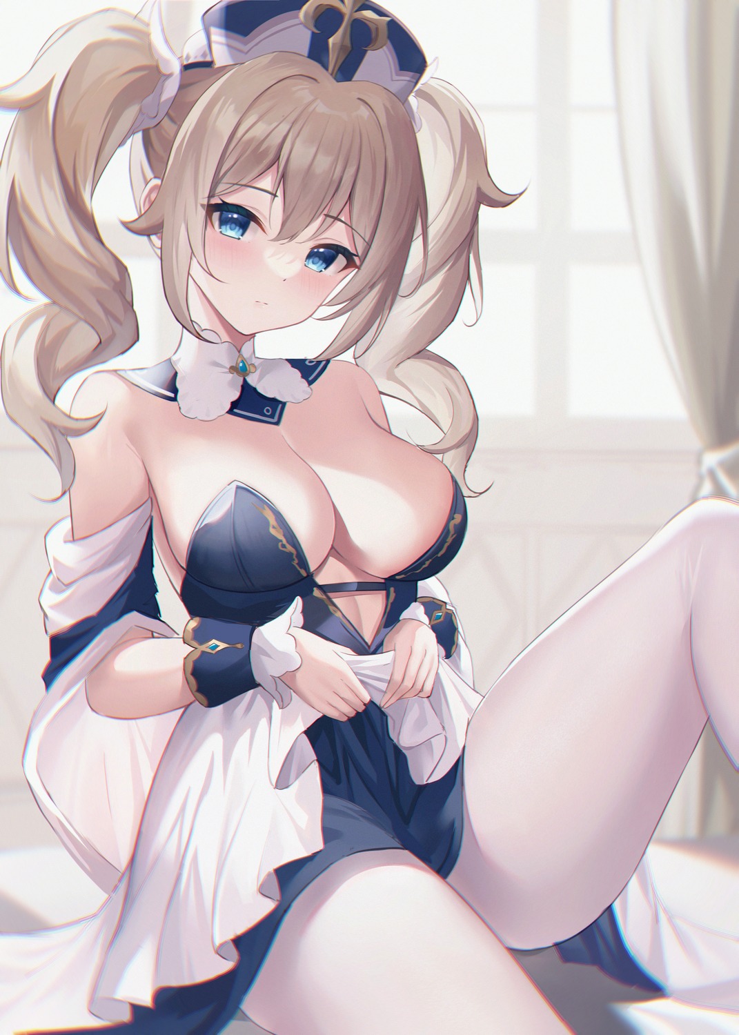 barbara_(genshin_impact) dress eric_(tianqijiang) genshin_impact no_bra pantyhose skirt_lift