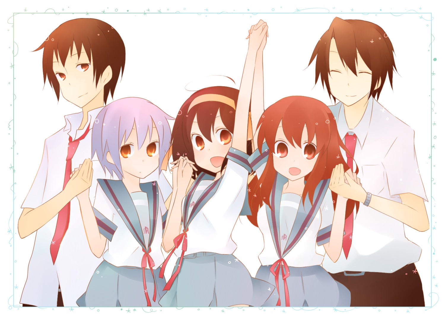 asahina_mikuru kinokosuke koizumi_itsuki kyon nagato_yuki seifuku suzumiya_haruhi suzumiya_haruhi_no_yuuutsu