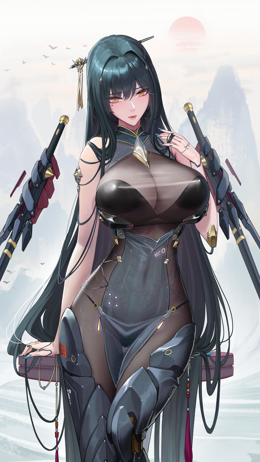 armor bianca_(punishing:_gray_raven) bodysuit erect_nipples no_bra punishing:_gray_raven see_through sword tsuki_no_i-min