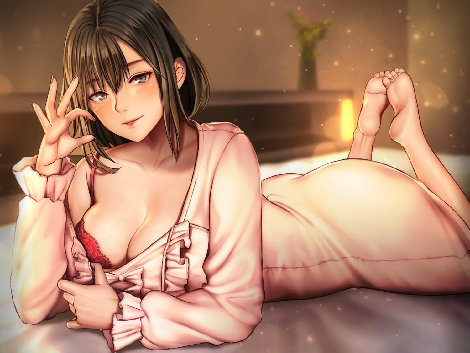 bra cleavage detexted dress ono_itaru open_shirt pajama wallpaper