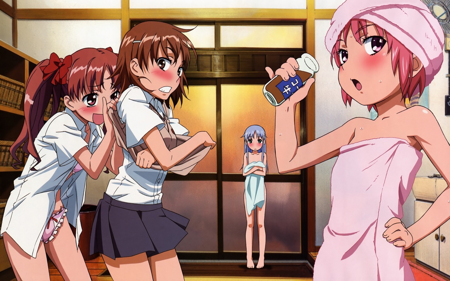 bra dress_shirt index loli misaka_mikoto murakami_yuu naked open_shirt pantsu seifuku shirai_kuroko shirt_lift to_aru_majutsu_no_index towel tsukuyomi_komoe undressing wallpaper wet