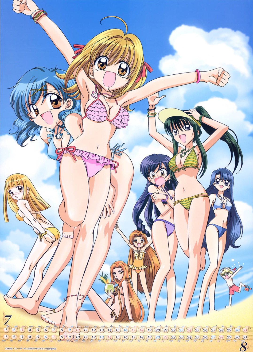 bikini breast_hold calendar chibi cleavage coco feet hippo houshou_hanon karen_(mermaid_melody) makida_kazuaki mermaid_melody_pichi_pichi_pitch nanami_luchia noelle sara_(mermaid_melody) seira_(mermaid_melody_pichi_pichi_pitch) swimsuits toin_rina wardrobe_malfunction